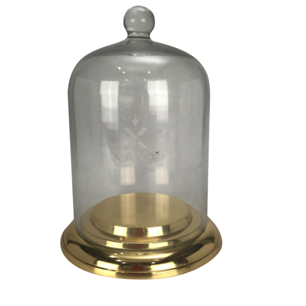 XAYA SIGNATURE GLASS CLOCHE WITH GOLD OR SILVER BASE